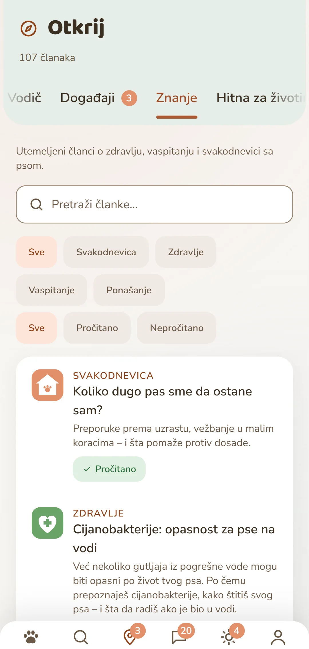Snimak ekrana DOGSY aplikacije u kartici «Otkrij»: sasvim gore broj članaka, ispod toga četiri kartice Vodič, Događaji, Znanje i Hitna za životinje. Slede polje za pretragu i zaobljeni filteri za rubrike – Sve, Svakodnevica, Zdravlje, Ponašanje, Vaspitanje. Ispod toga članci u obliku kartica: levo obojeni simbol rubrike, pored njega rubrika velikim slovima, naslov i kratak uvod. Sasvim dole je navigaciona traka aplikacije. Snimak se prikazuje na jeziku ove stranice.