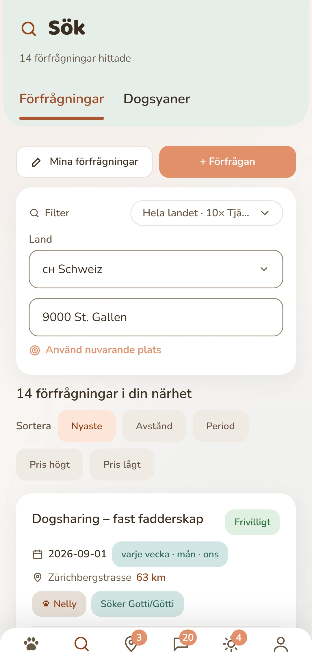 Dogsharing-förfrågningar med riktning, rytm och veckodagar