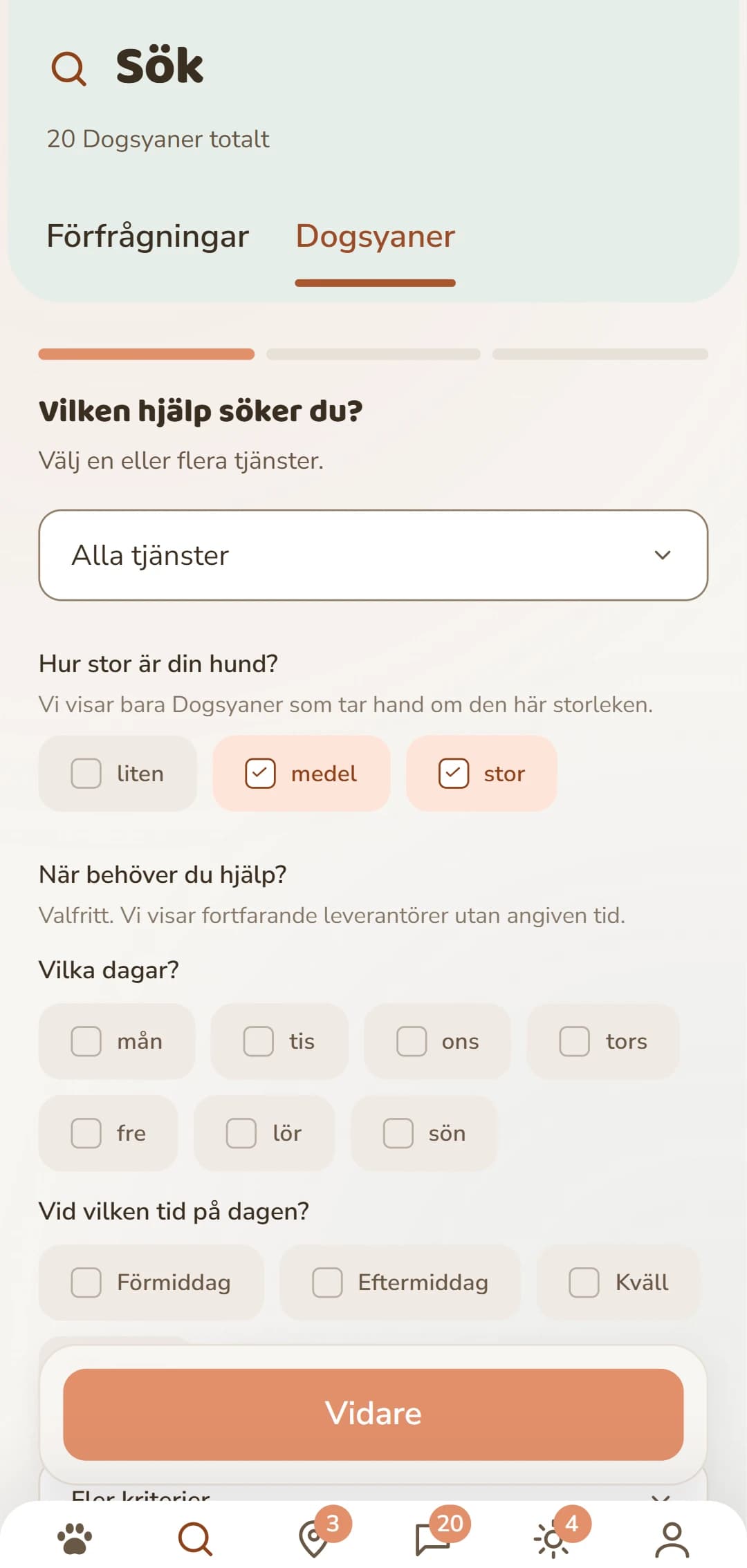 Filtrera i detalj: tjänst, hundstorlek och fler kriterier