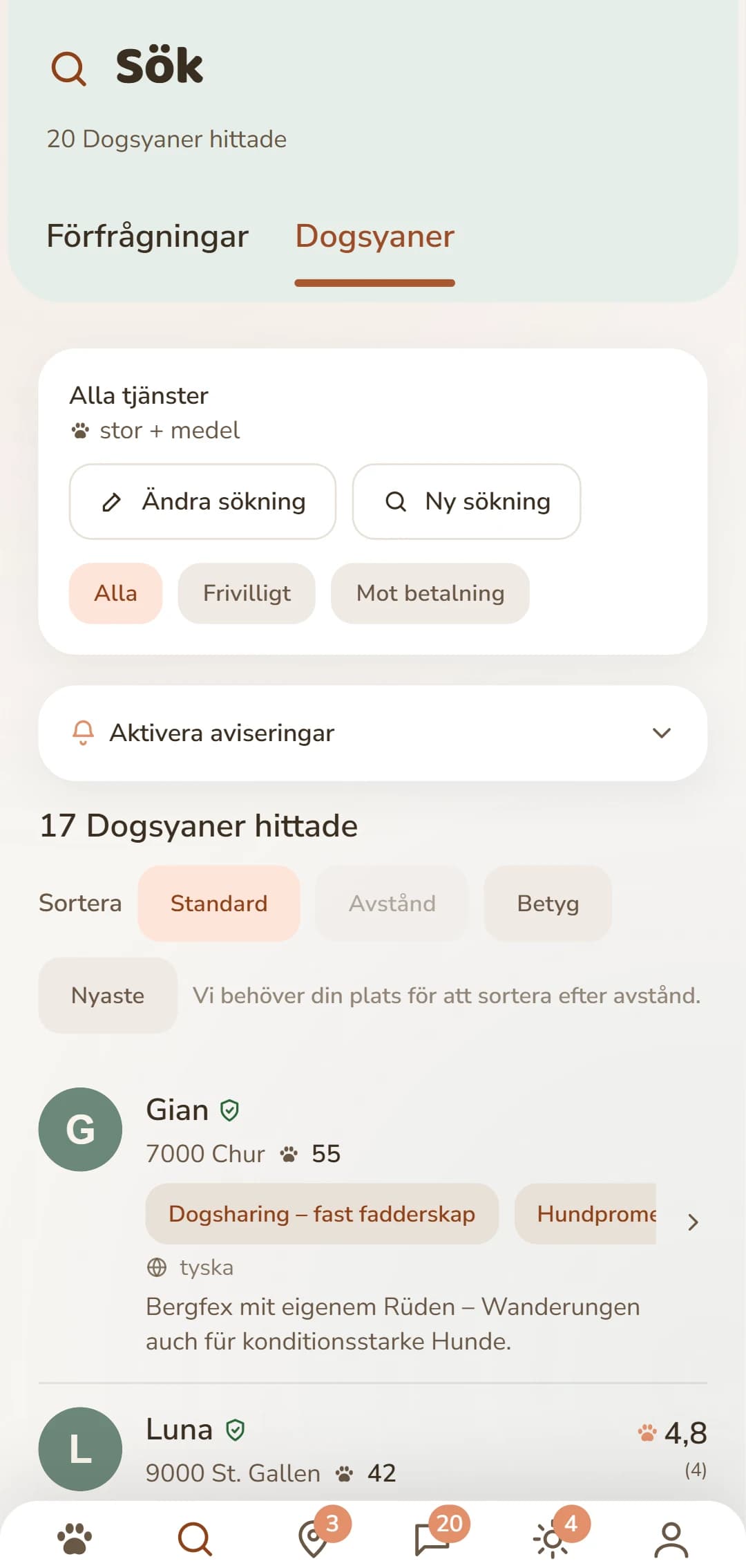 Appens resultatlista: Dogsyaner i närheten med foto, avstånd och betyg