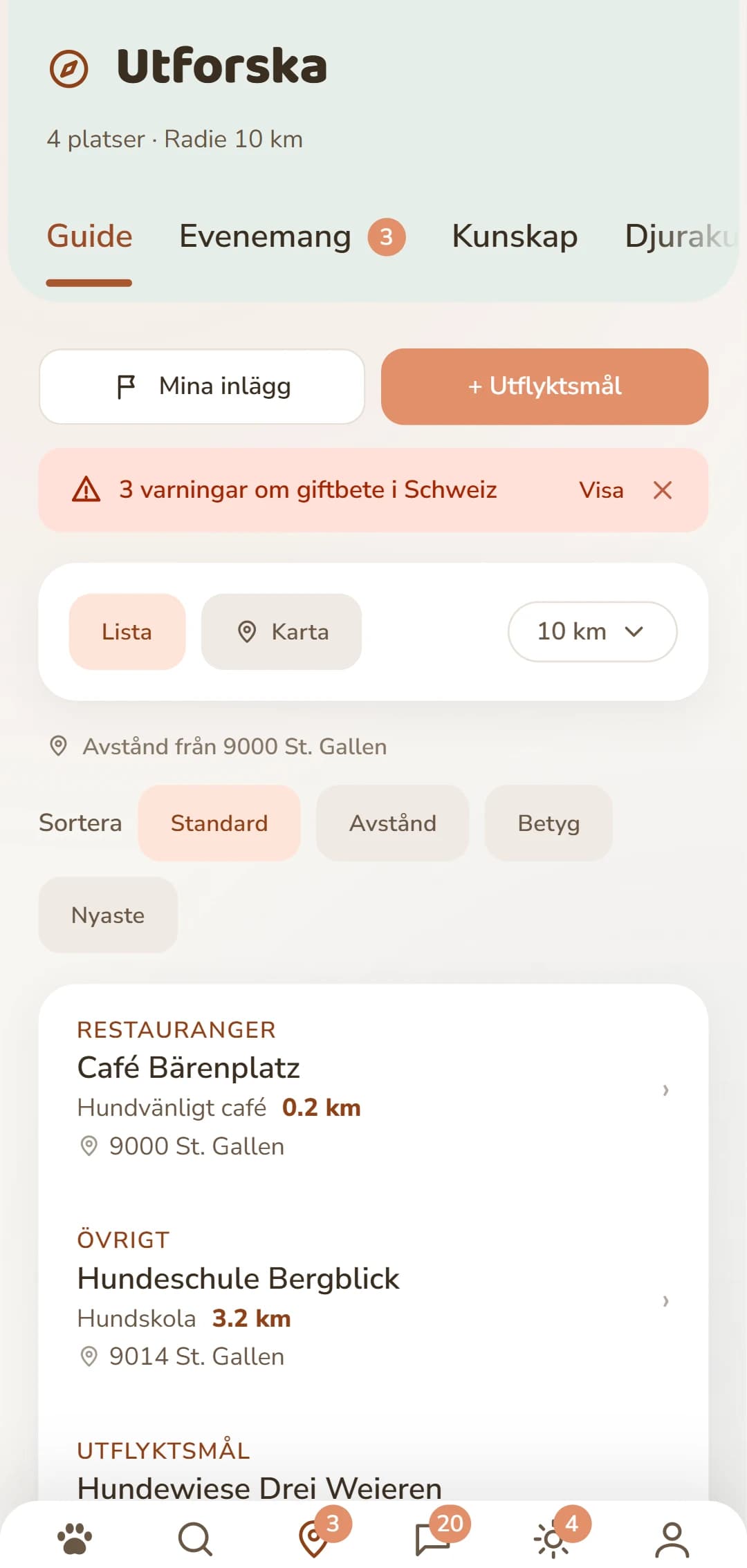 Träfflistan i fliken Upptäck, med kategori och avstånd
