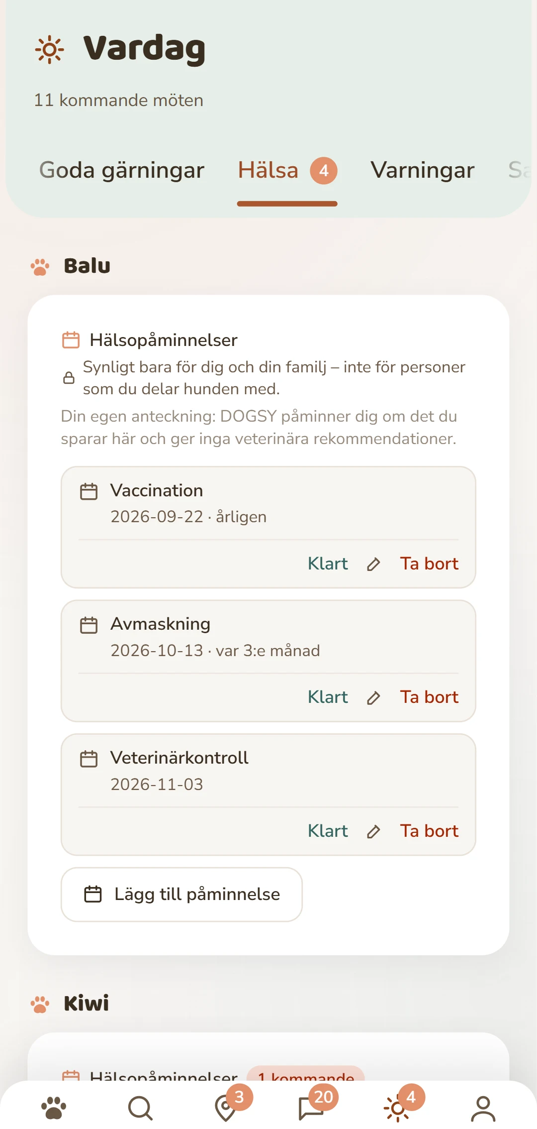 Hälsoavtalade tider per hund: vaccination, avmaskning, fästingskydd med mera