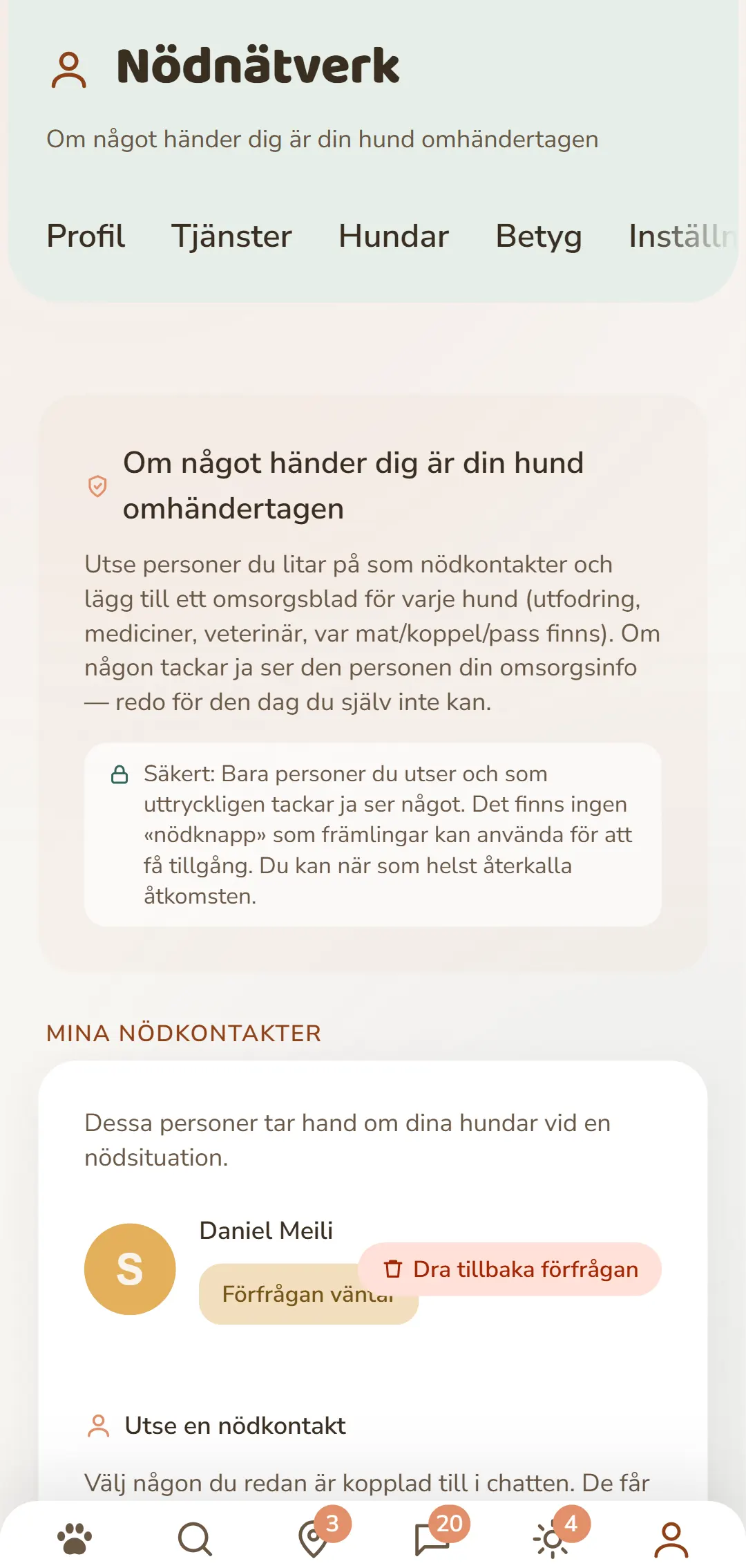 Dina nödkontakter och öppna förfrågningar i översikt