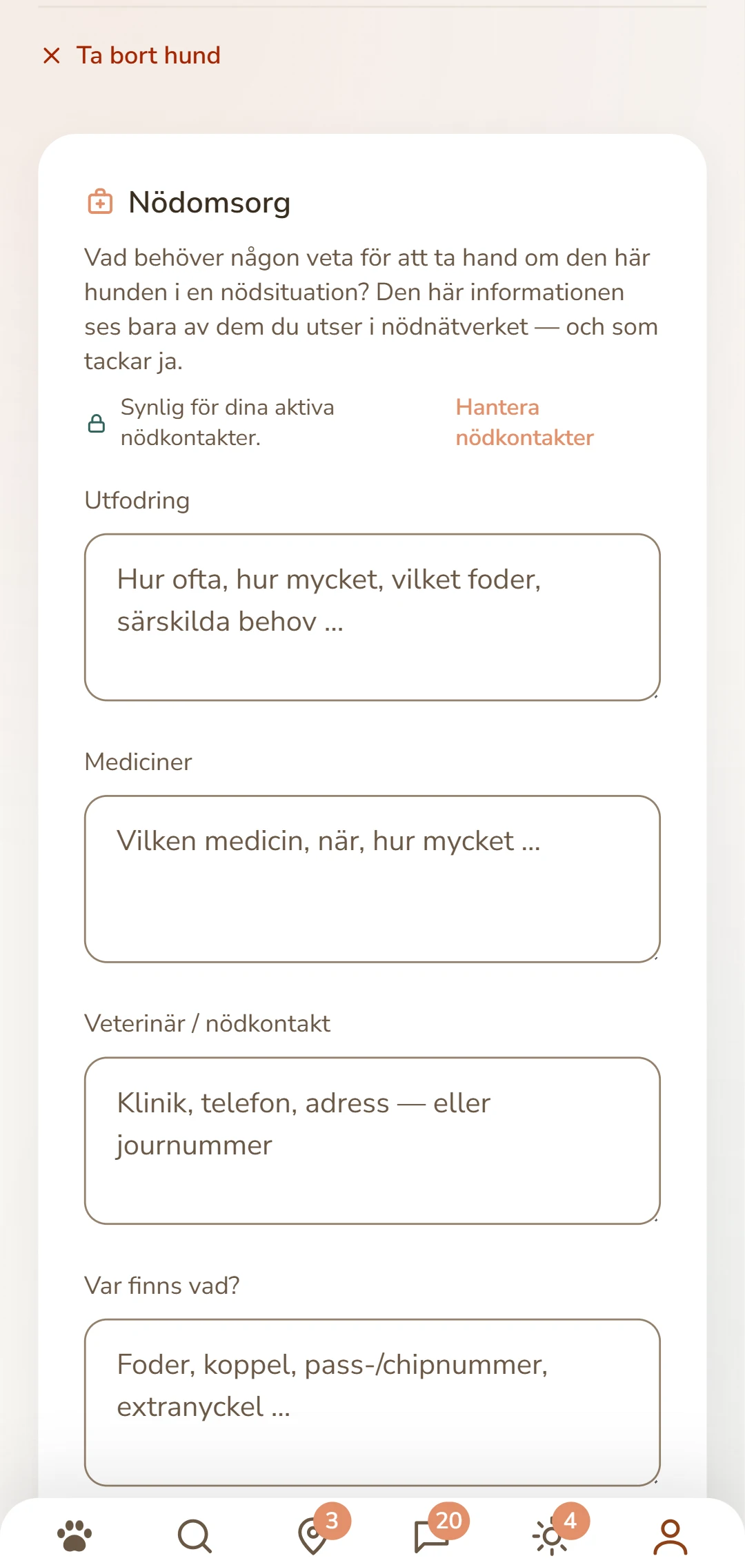 Omsorgsbladet för en hund: utfodring, mediciner, veterinär