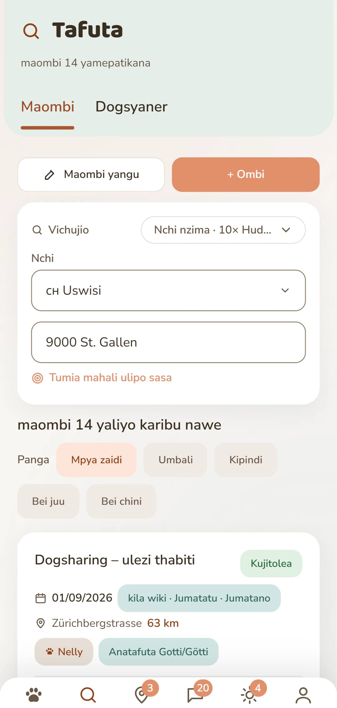 Matangazo ya Dogsharing yenye mwelekeo, mpangilio na siku za wiki