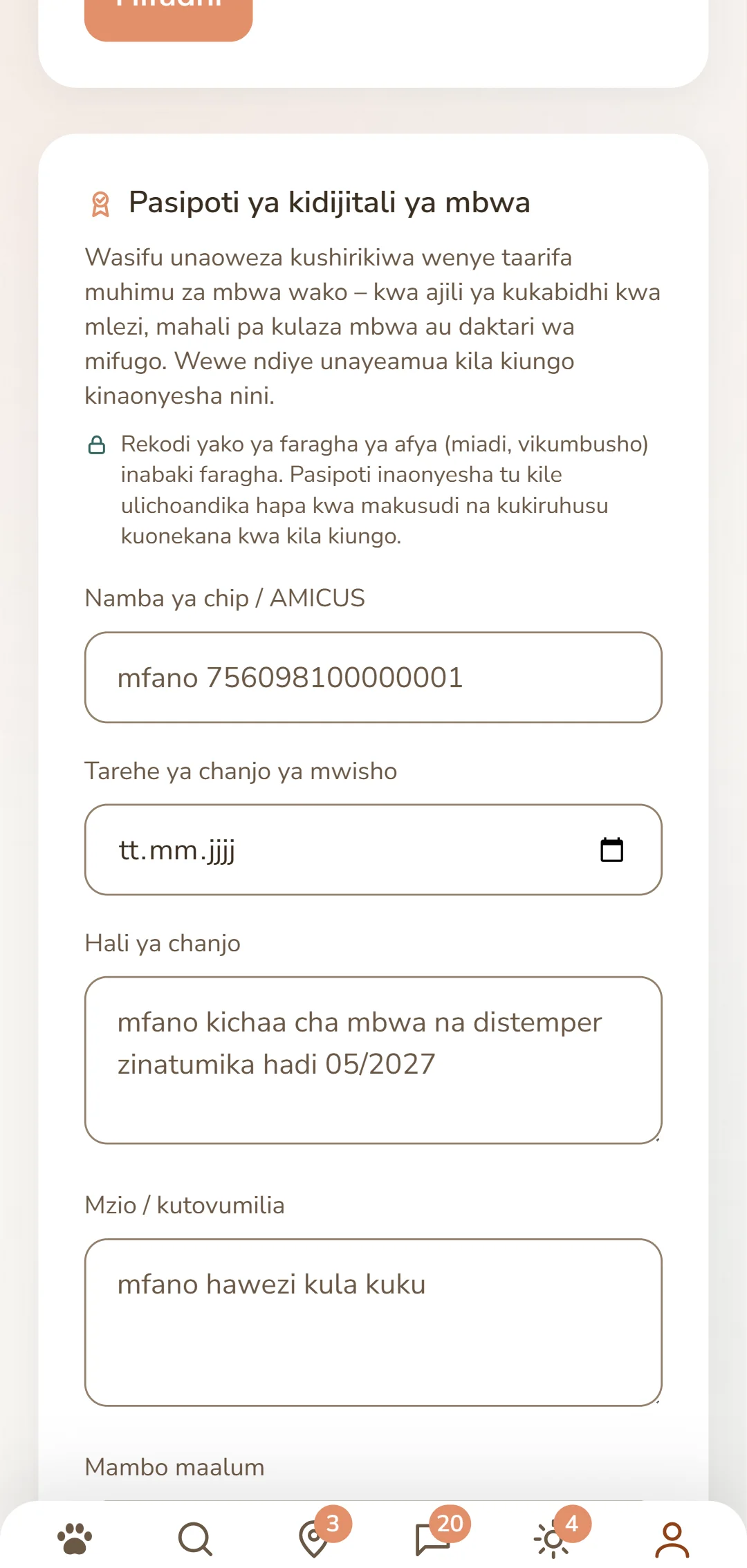 Pasi ya mbwa ya kidijitali: nambari ya chip, hali ya chanjo na mzio