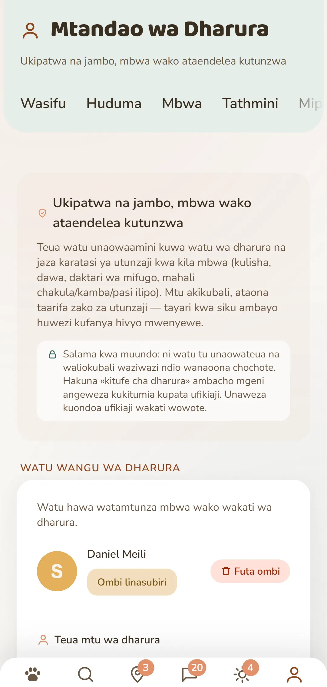 Anwani zako za dharura na maombi yanayosubiri kwa mtazamo mmoja