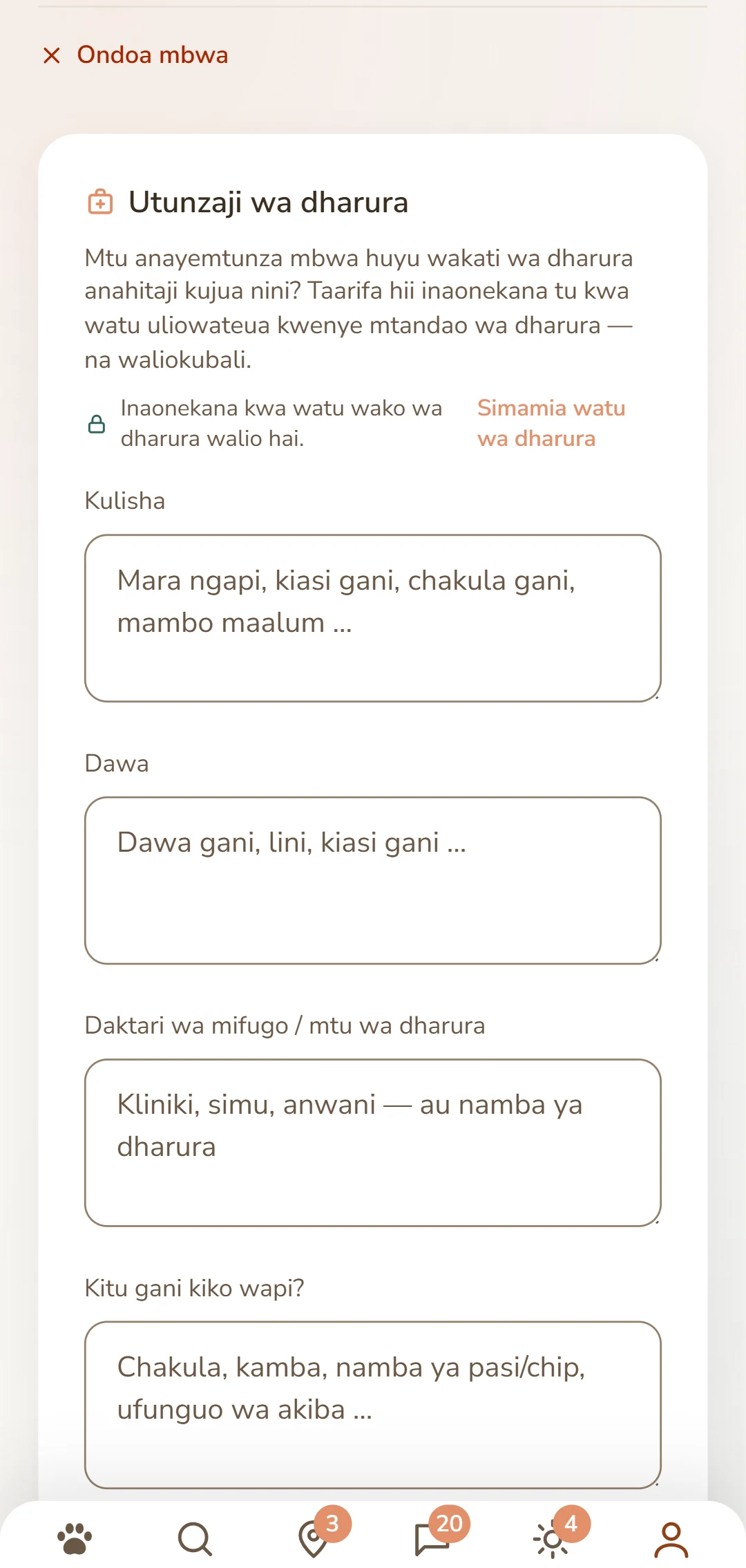 Karatasi ya utunzaji ya mbwa: chakula, dawa, daktari wa mifugo