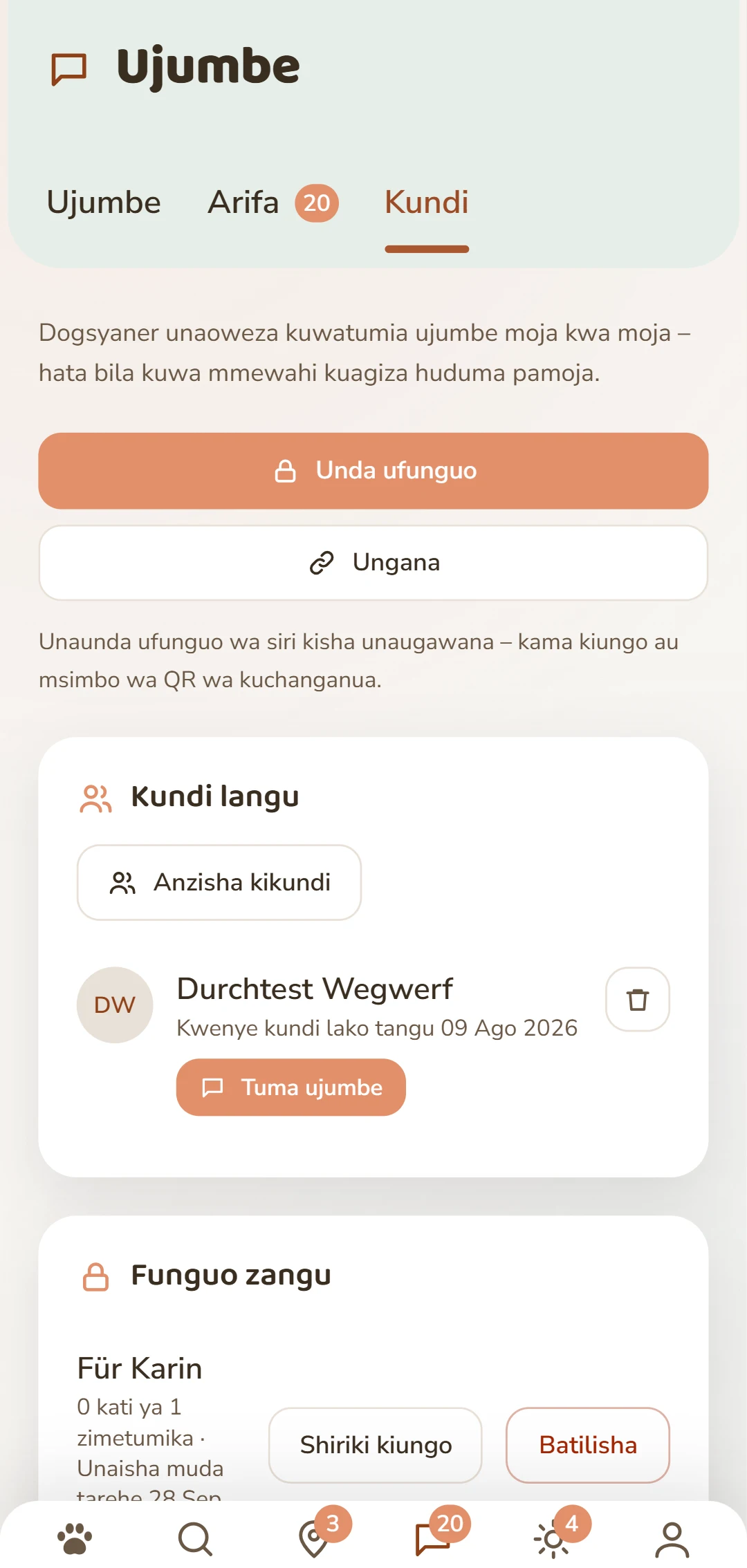 Kichupo cha Rudel: tengeneza ufunguo na simamia miunganisho yako.