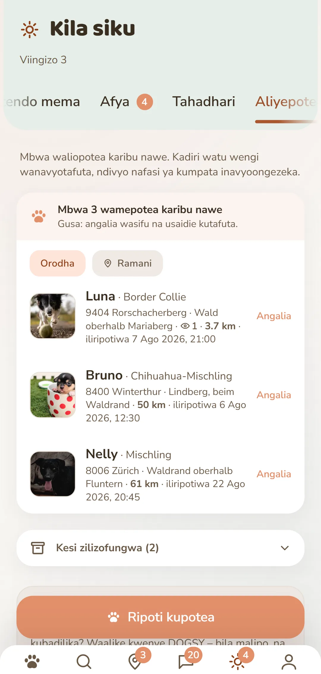 Mbwa waliopotea karibu nawe – wenye picha, mahali na wakati