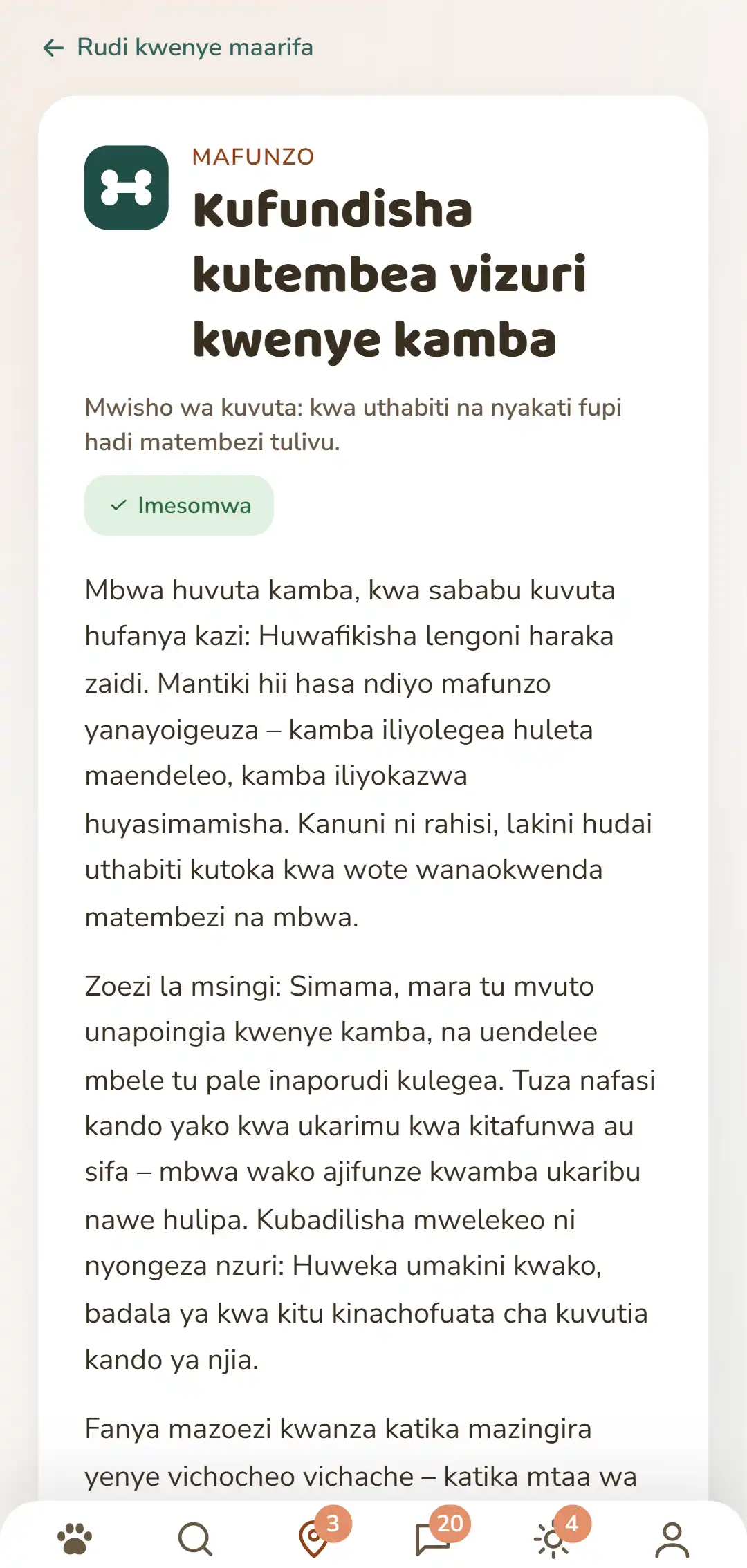 Picha ya skrini ya programu ya DOGSY: makala ya maarifa iliyofunguliwa. Juu kabisa njia ya kurudi kwenye orodha, chini yake vichupo vinne Guide, Events, Maarifa na Dharura ya wanyama. Kisha kunafuata alama ya rangi ya kategoria, jina la kategoria kwa herufi kubwa, kichwa, utangulizi mfupi na aya kadhaa za maandishi. Chini kabisa upau wa urambazaji wa programu. Picha hii inaonekana katika lugha ya ukurasa huu.