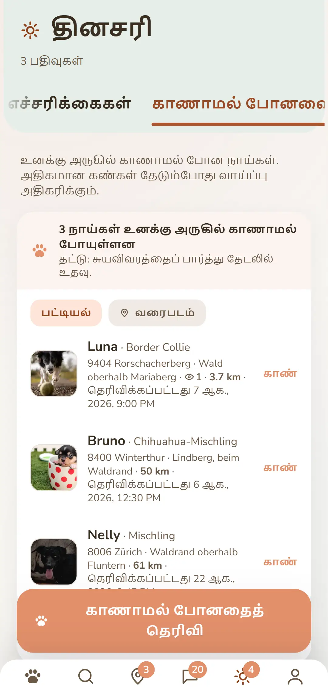 அருகிலுள்ள காணாமல்போன நாய்கள் – புகைப்படம், இடம், நேரத்துடன்