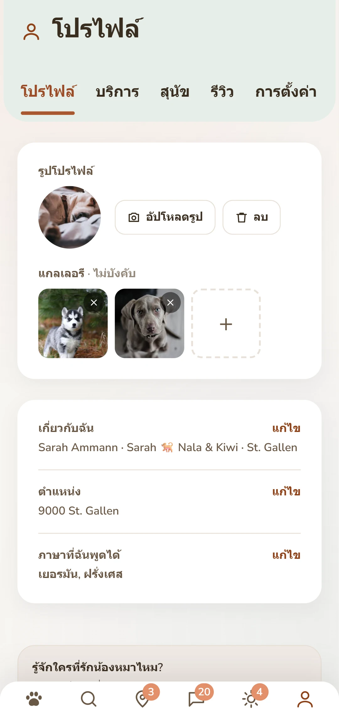 โปรไฟล์ของตัวเองพร้อมรูปภาพ คำอธิบาย และแท็บด้านล่าง
