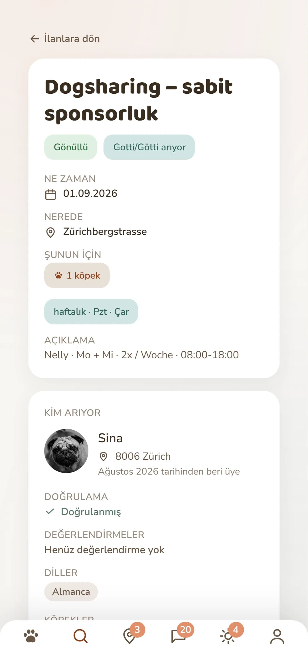 Bir Dogsharing ilanı detaylı: dönem, yer ve ilanı kimin verdiği