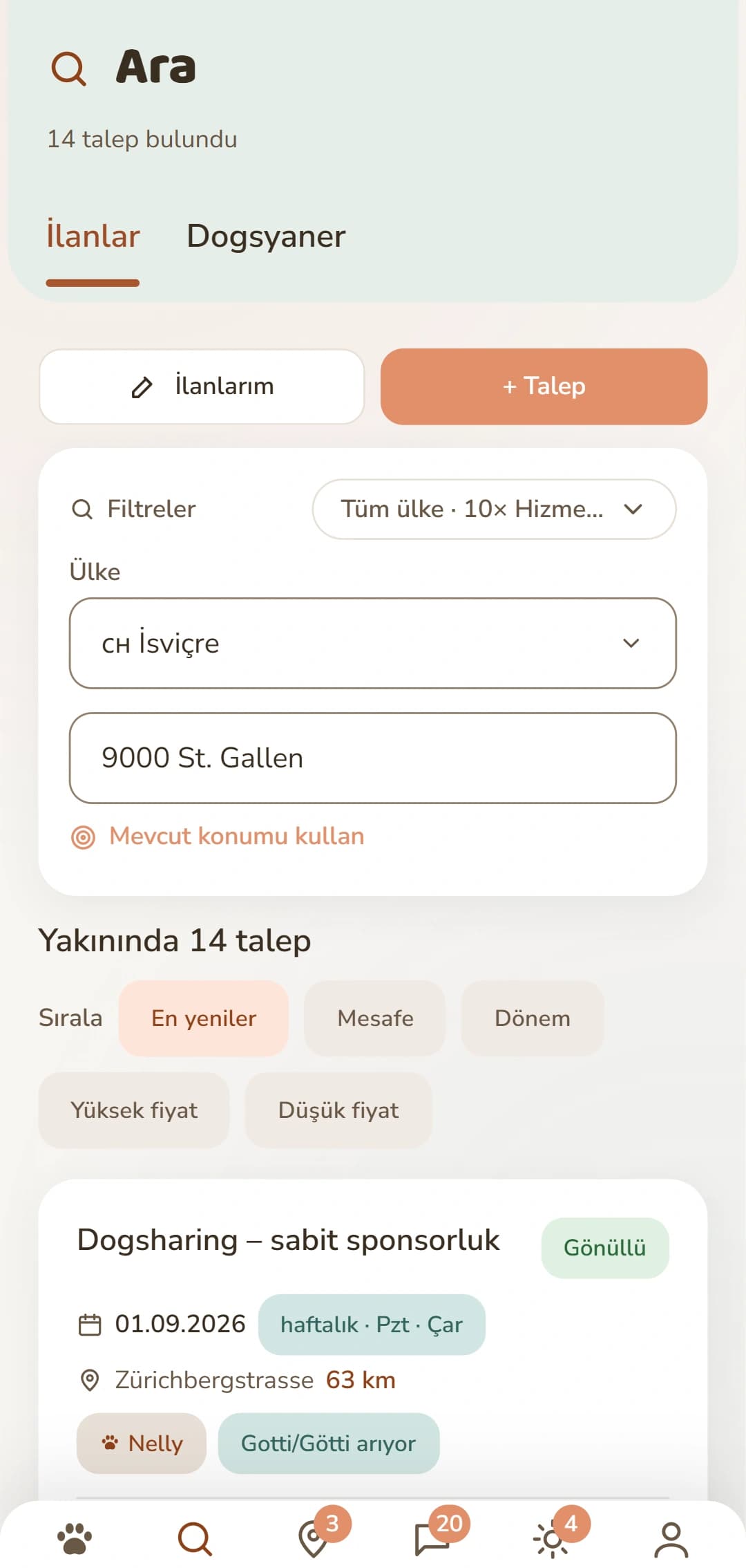 Yön, ritim ve haftanın günlerine göre Dogsharing ilanları