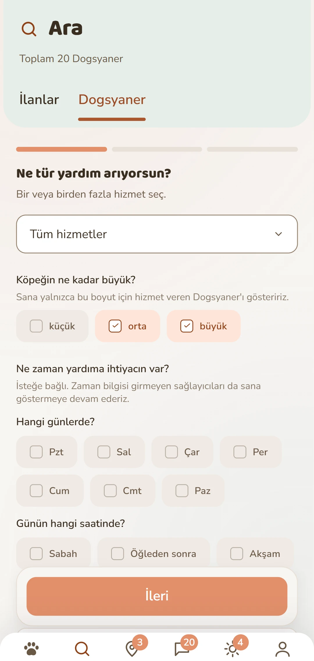 İnce filtreleme: hizmet, köpek boyu ve diğer kriterler