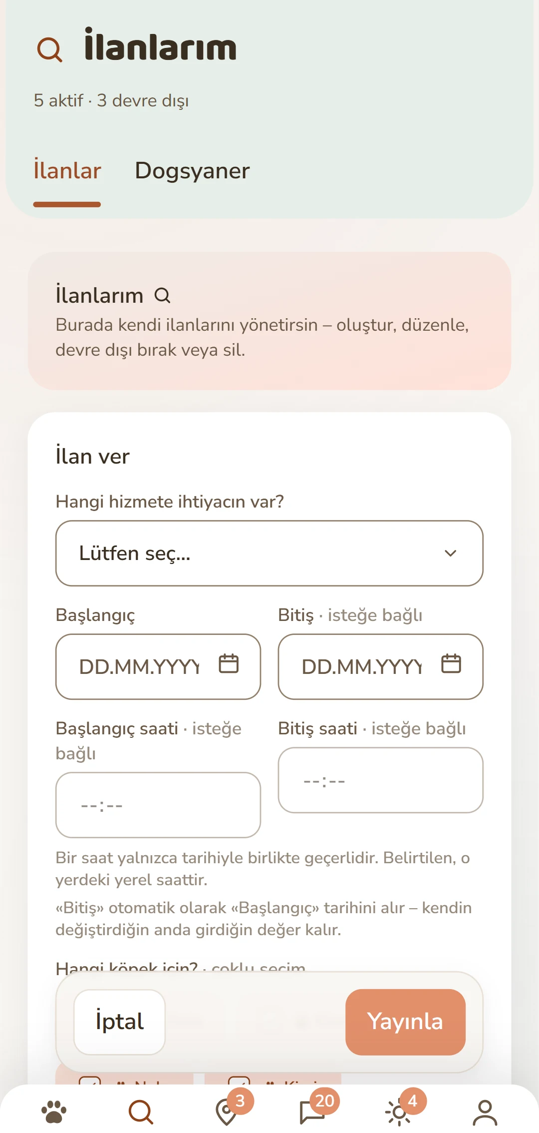 «İlan ver» formu: hizmet, tarih aralığı, köpek ve ücret