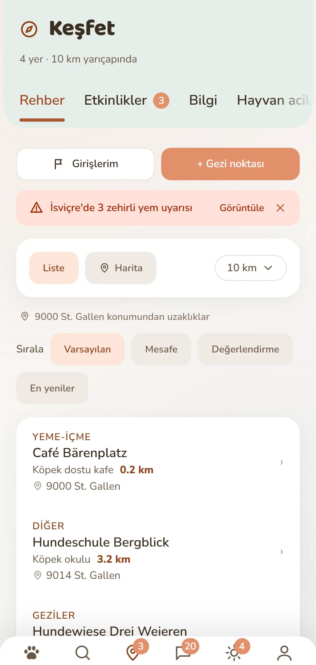 Keşfet sekmesindeki sonuç listesi, kategori ve mesafe ile