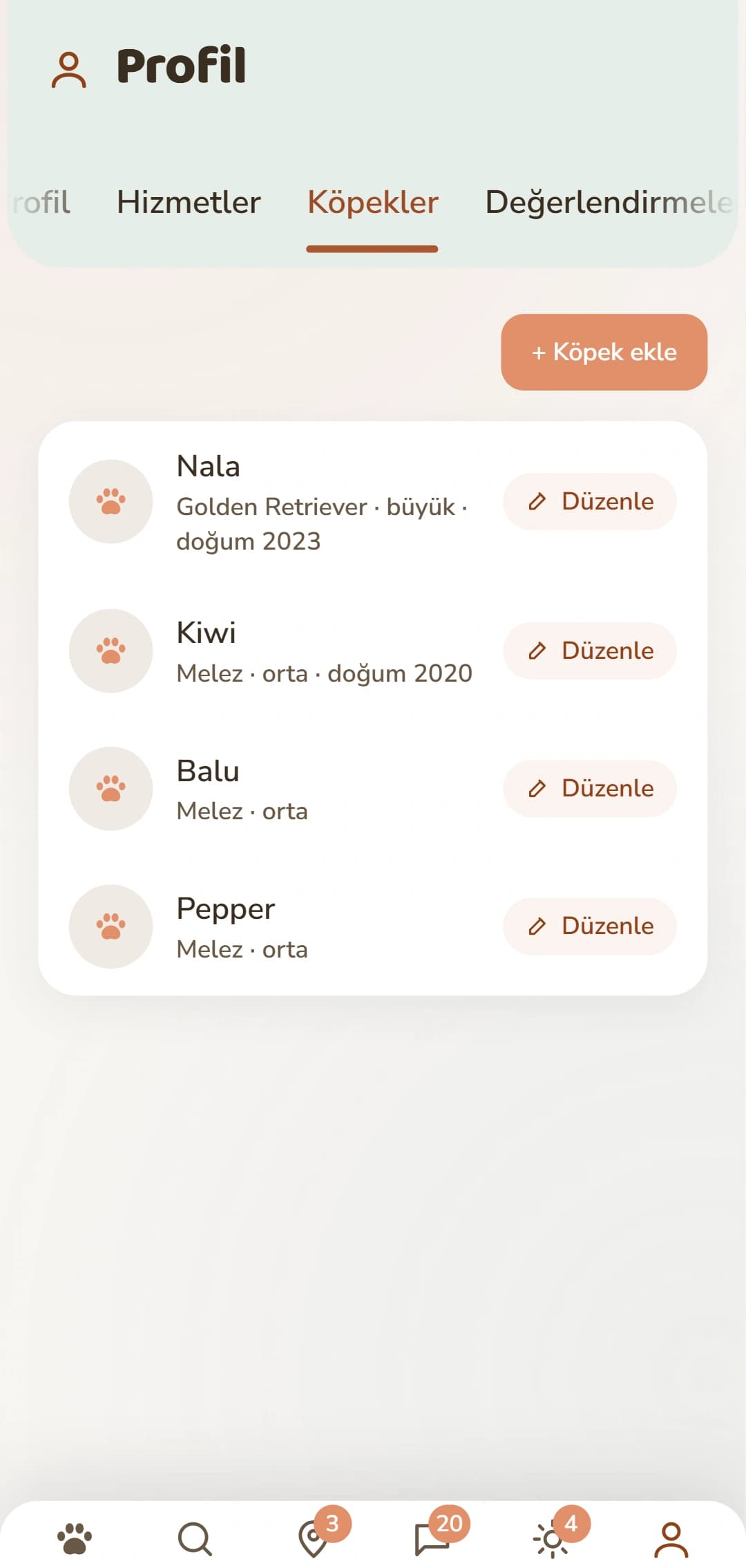 Her köpek için ayrı profili olan köpekler bölümü