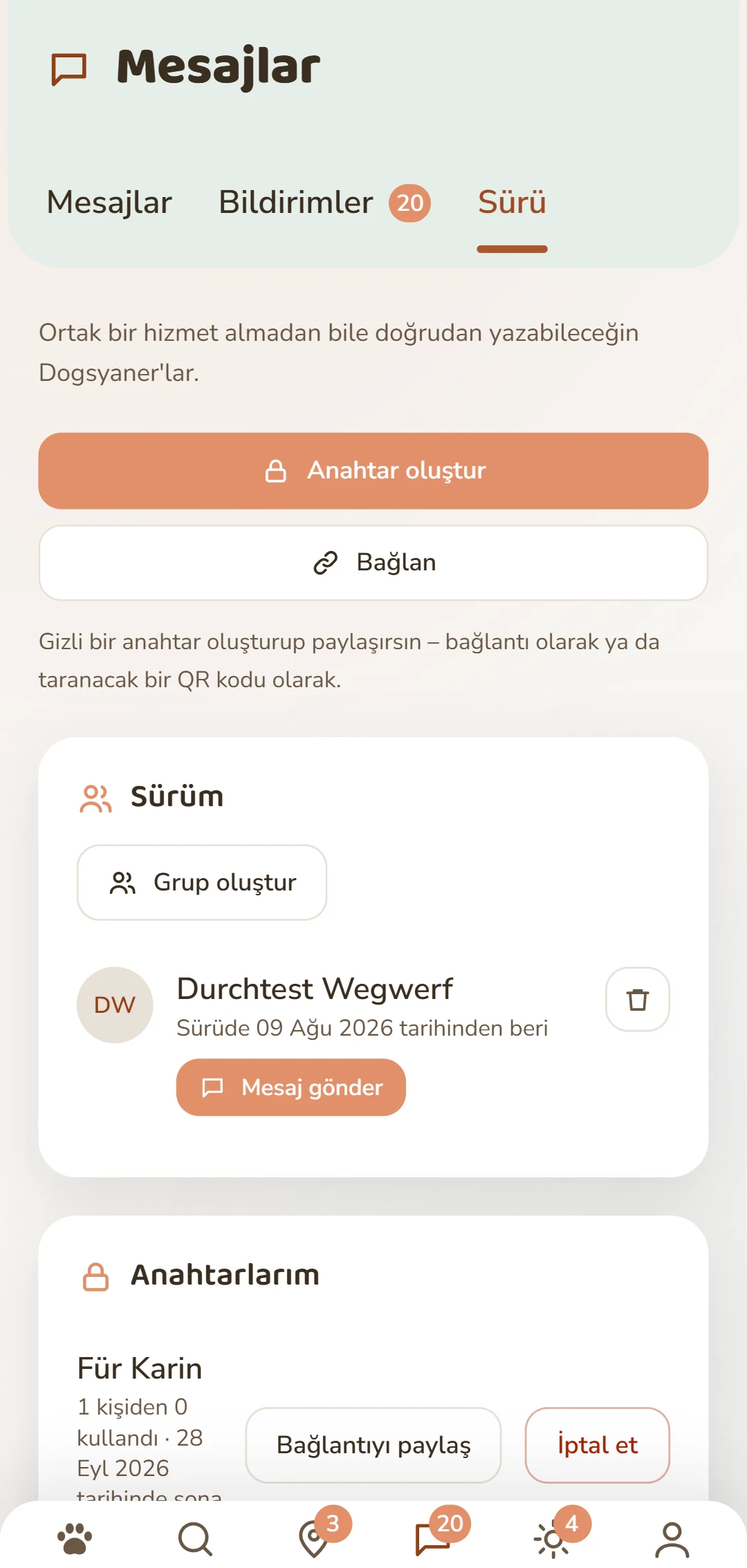 Rudel sekmesi: anahtar oluştur ve bağlantılarını yönet.