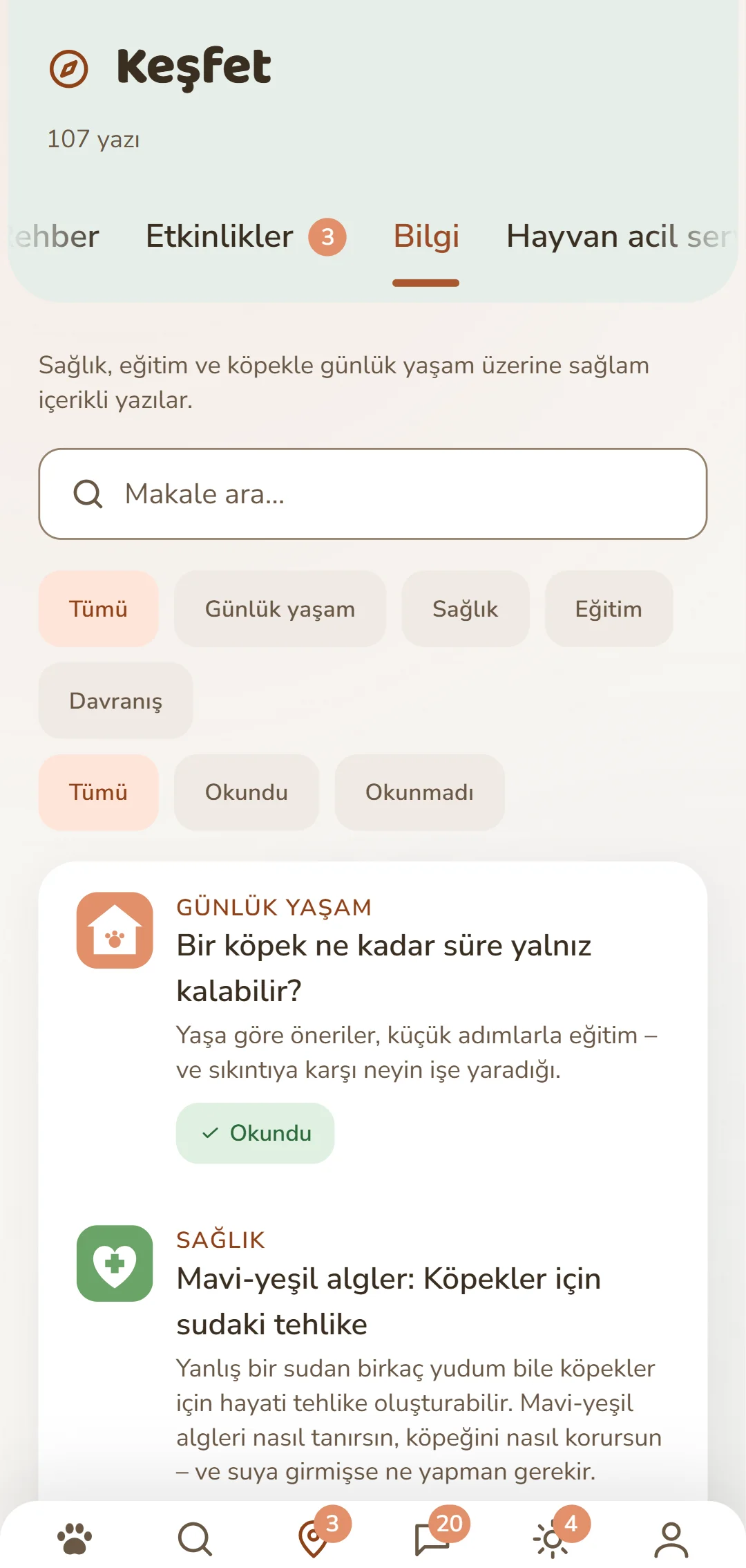 DOGSY uygulamasının «Keşfet» sekmesinden ekran görüntüsü: en üstte yazıların sayısı, altında dört sekme: Guide, Events, Bilgi ve Hayvan acil durumu. Ardından bir arama alanı ve kategoriler için yuvarlak filtreler geliyor – Tümü, Günlük hayat, Sağlık, Davranış, Eğitim. Altında yazılar kart olarak: solda renkli kategori simgesi, yanında büyük harflerle kategori, başlık ve kısa bir giriş. En altta uygulamanın gezinme çubuğu. Ekran görüntüsü bu sayfanın dilinde görünür.
