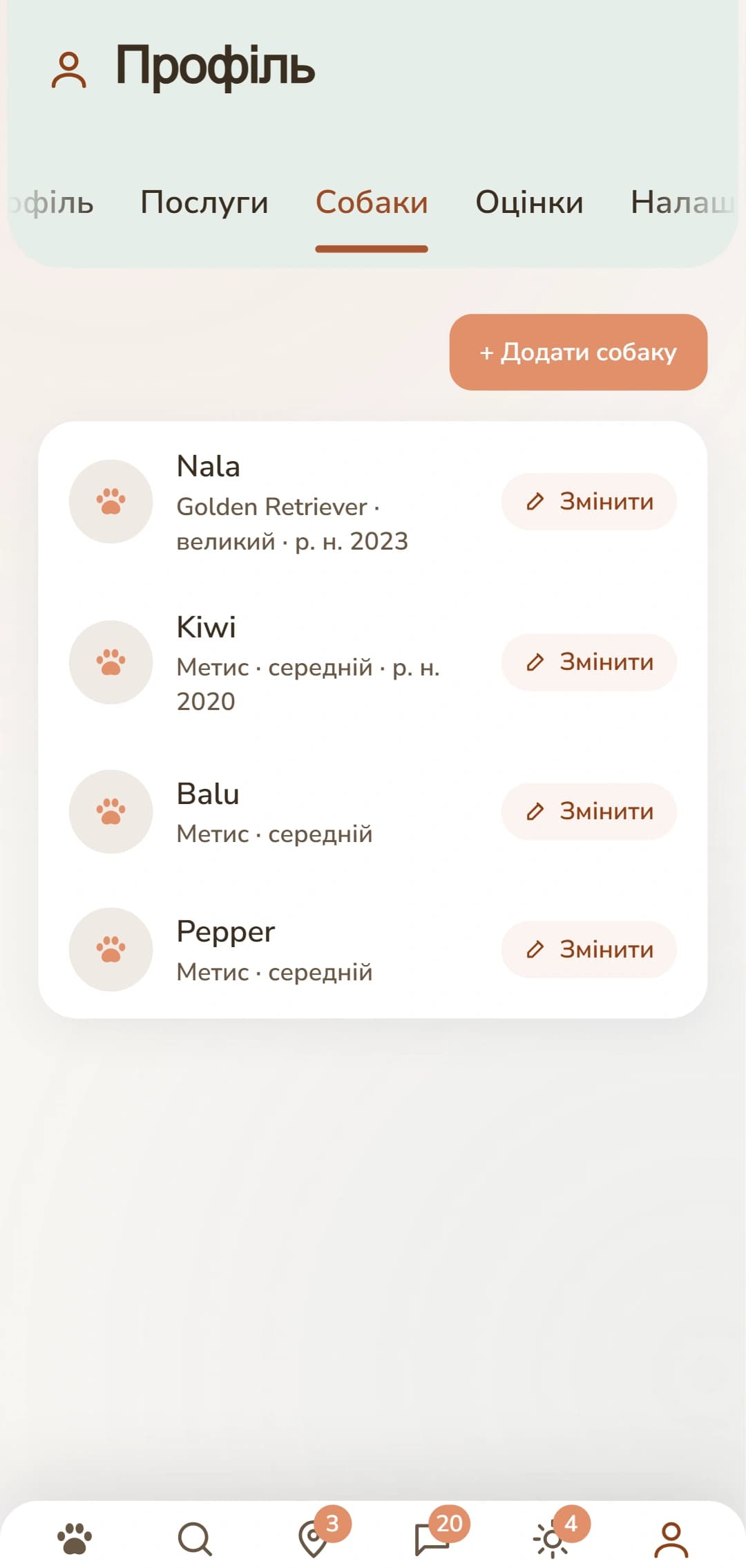 Розділ собак з окремим профілем для кожної собаки