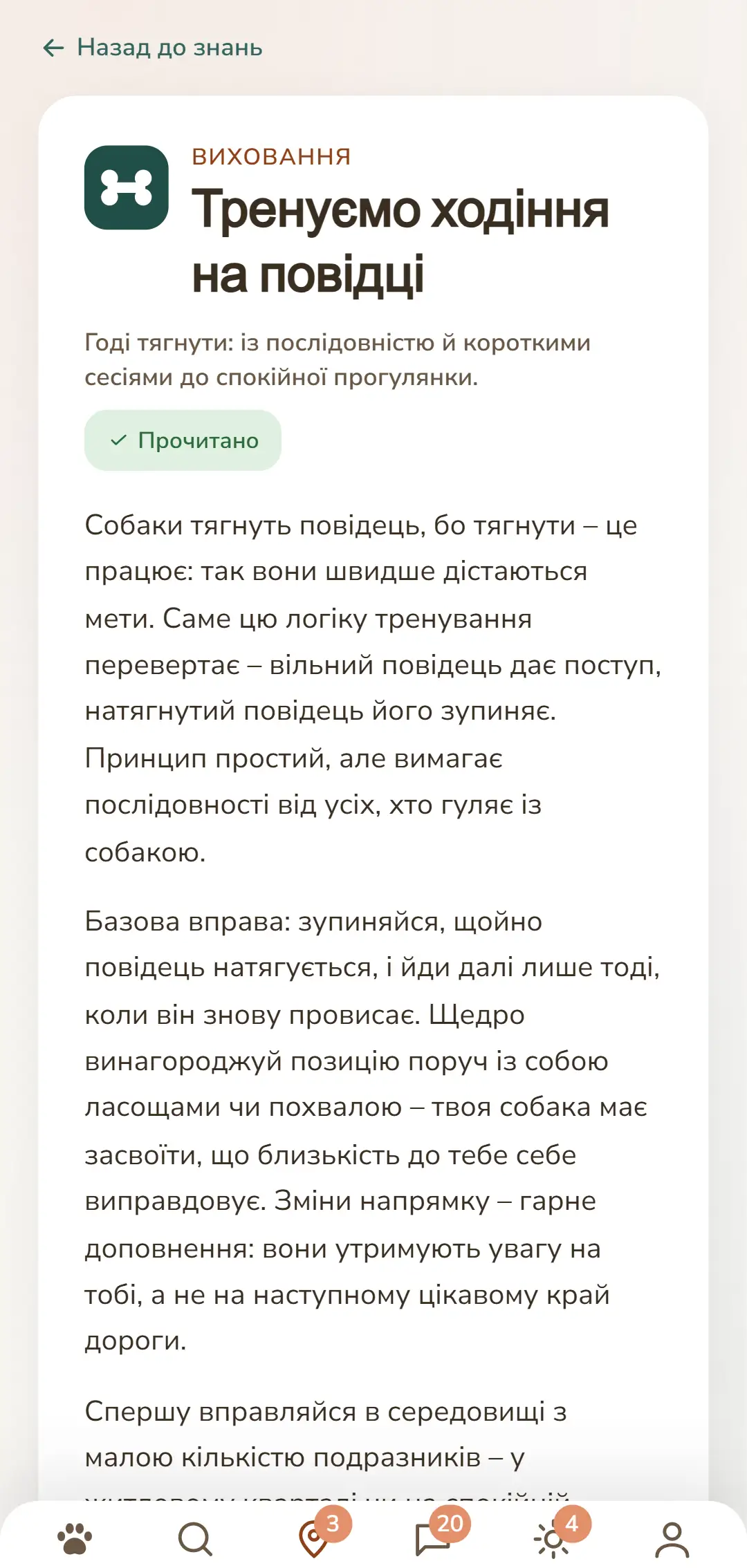 Знімок екрана застосунку DOGSY: відкритий допис із розділу знань. Угорі шлях назад до списку, під ним чотири вкладки Guide, Events, Знання та Екстрена допомога тваринам. Далі кольоровий символ рубрики, назва рубрики великими літерами, заголовок, короткий анонс і кілька абзаців суцільного тексту. У самому низу панель навігації застосунку. Знімок показано мовою цієї сторінки.
