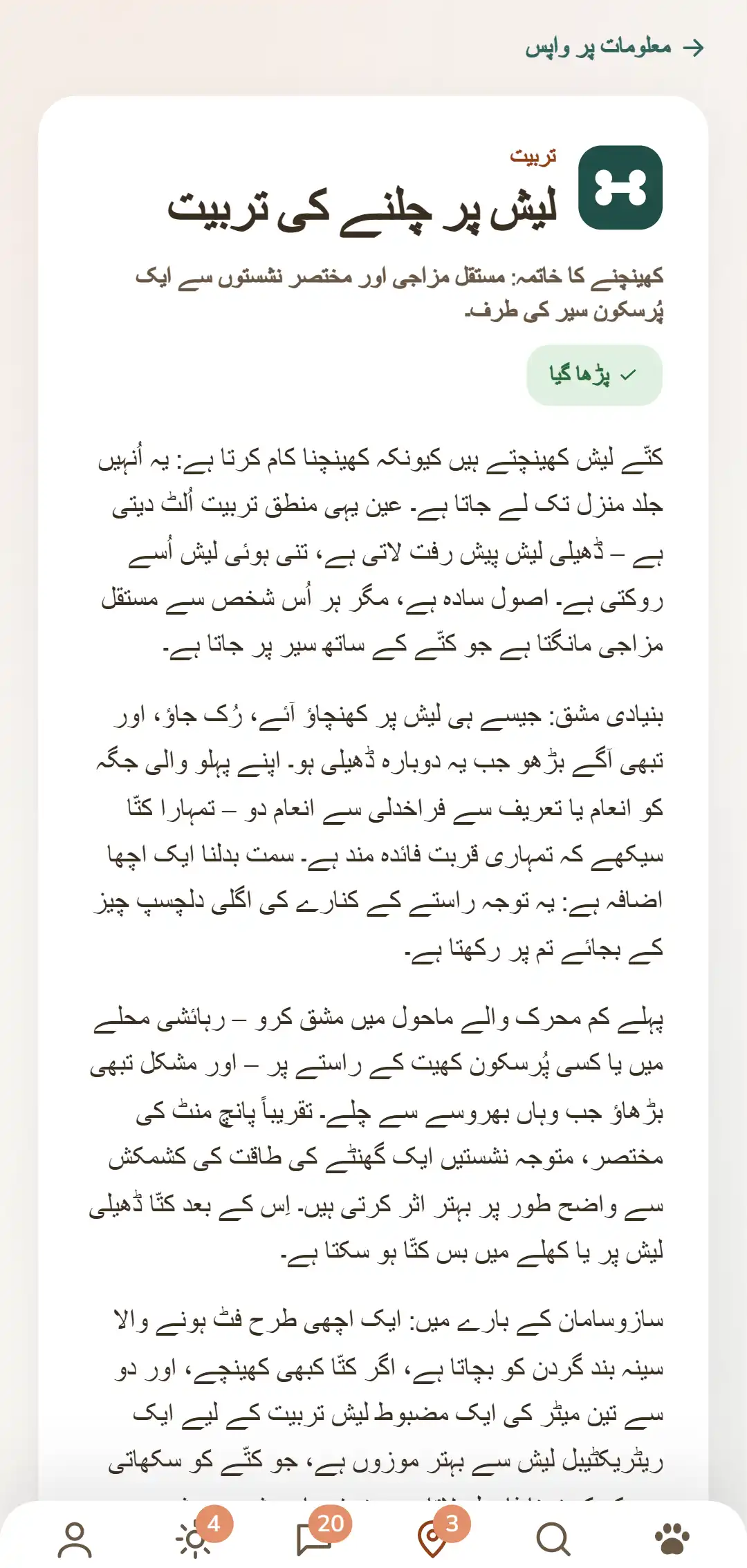 DOGSY ایپ کا اسکرین شاٹ: ایک کھلا ہوا معلوماتی مضمون۔ سب سے اوپر فہرست پر واپسی کا راستہ، اس کے نیچے چار ٹیب: گائیڈ، ایونٹس، معلومات اور جانوروں کی ہنگامی مدد۔ پھر رنگین زمرے کا نشان، نمایاں حروف میں زمرے کا نام، عنوان، مختصر تعارف اور رواں متن کے کئی پیراگراف آتے ہیں۔ بالکل نیچے ایپ کی نیویگیشن پٹی ہے۔ یہ تصویر اسی زبان میں دکھائی جاتی ہے جس میں یہ صفحہ ہے۔