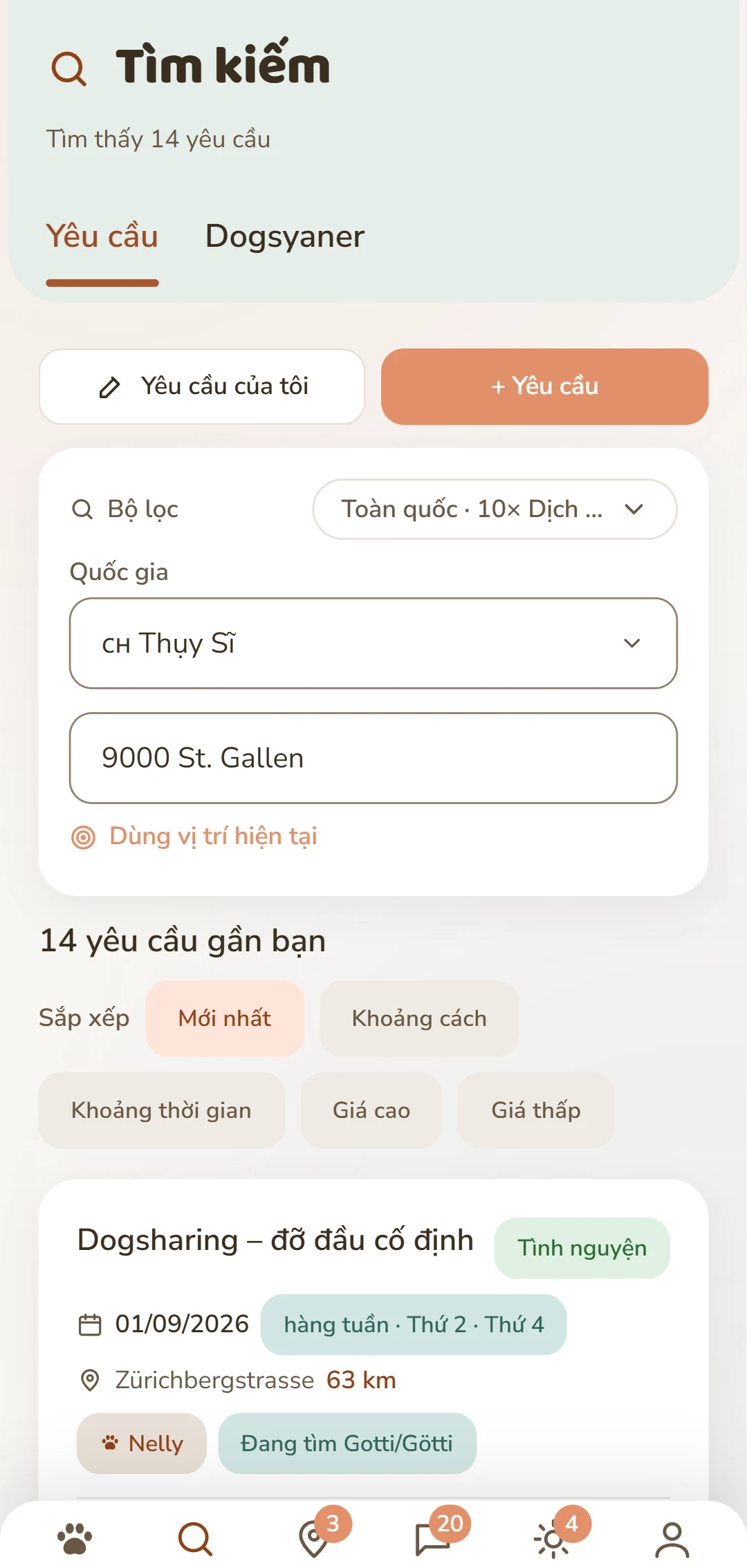 Tin đăng Dogsharing với hướng tìm kiếm, nhịp độ và các ngày trong tuần
