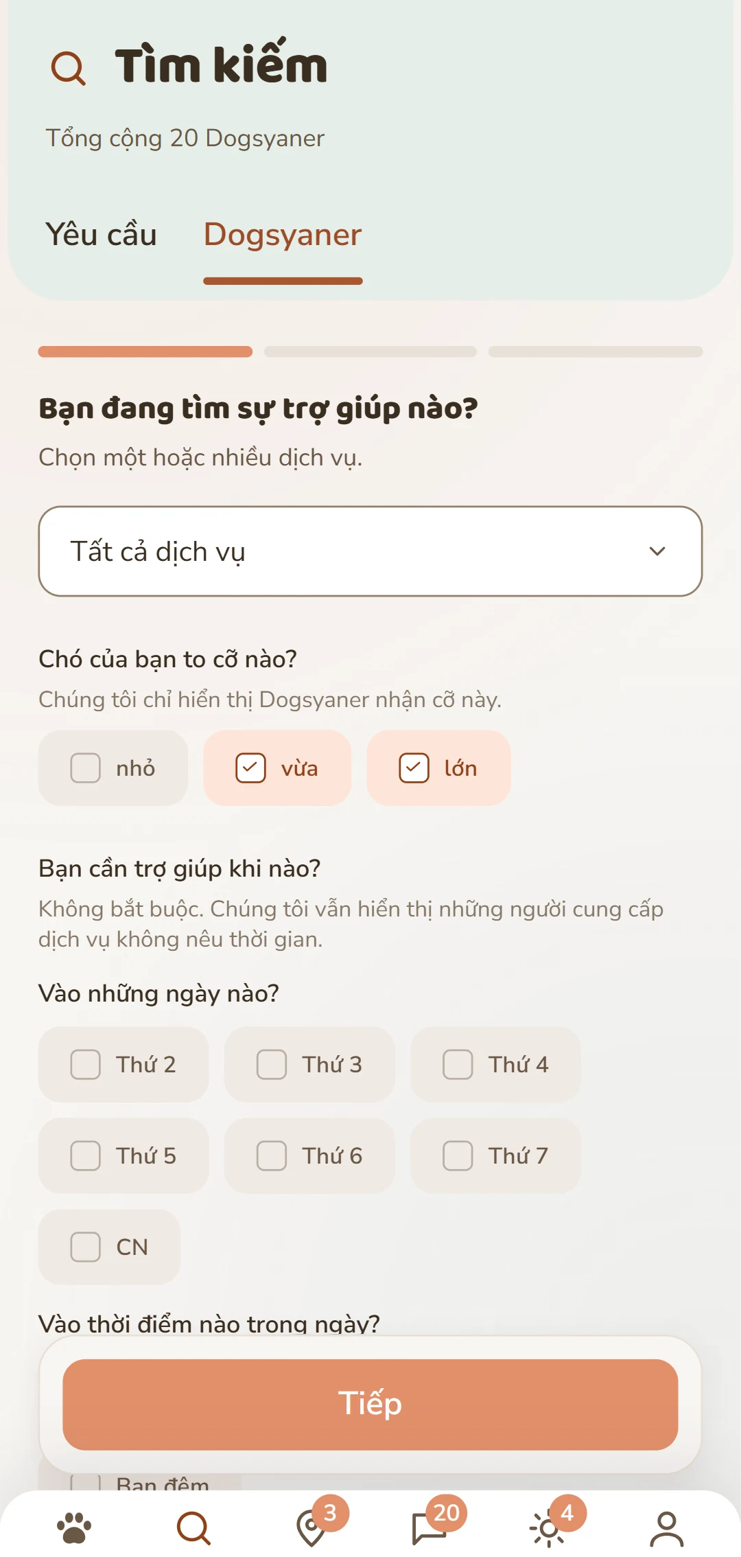 Lọc chi tiết: dịch vụ, kích cỡ chó và các tiêu chí khác