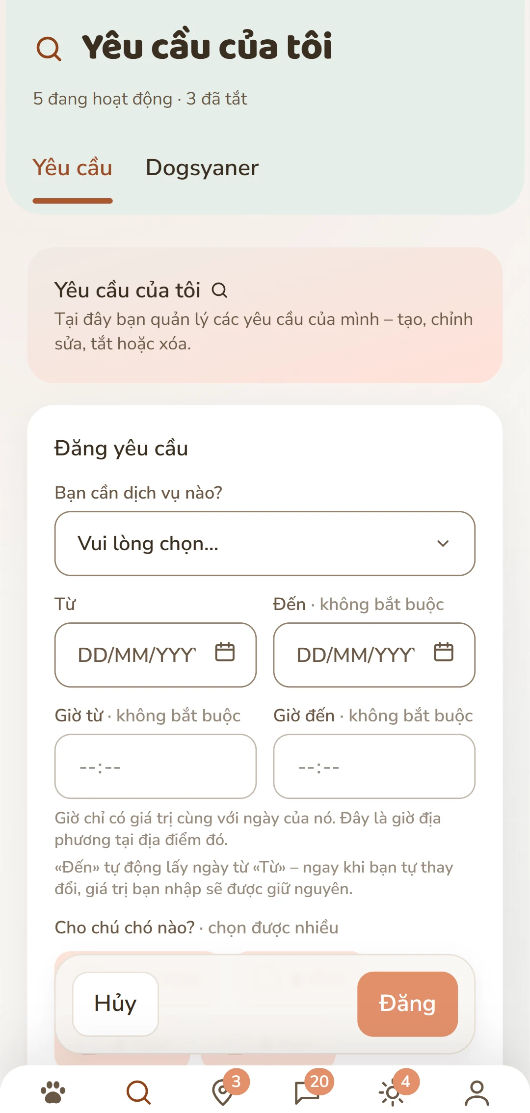 Biểu mẫu «Đăng yêu cầu»: dịch vụ, thời gian, chó và thù lao