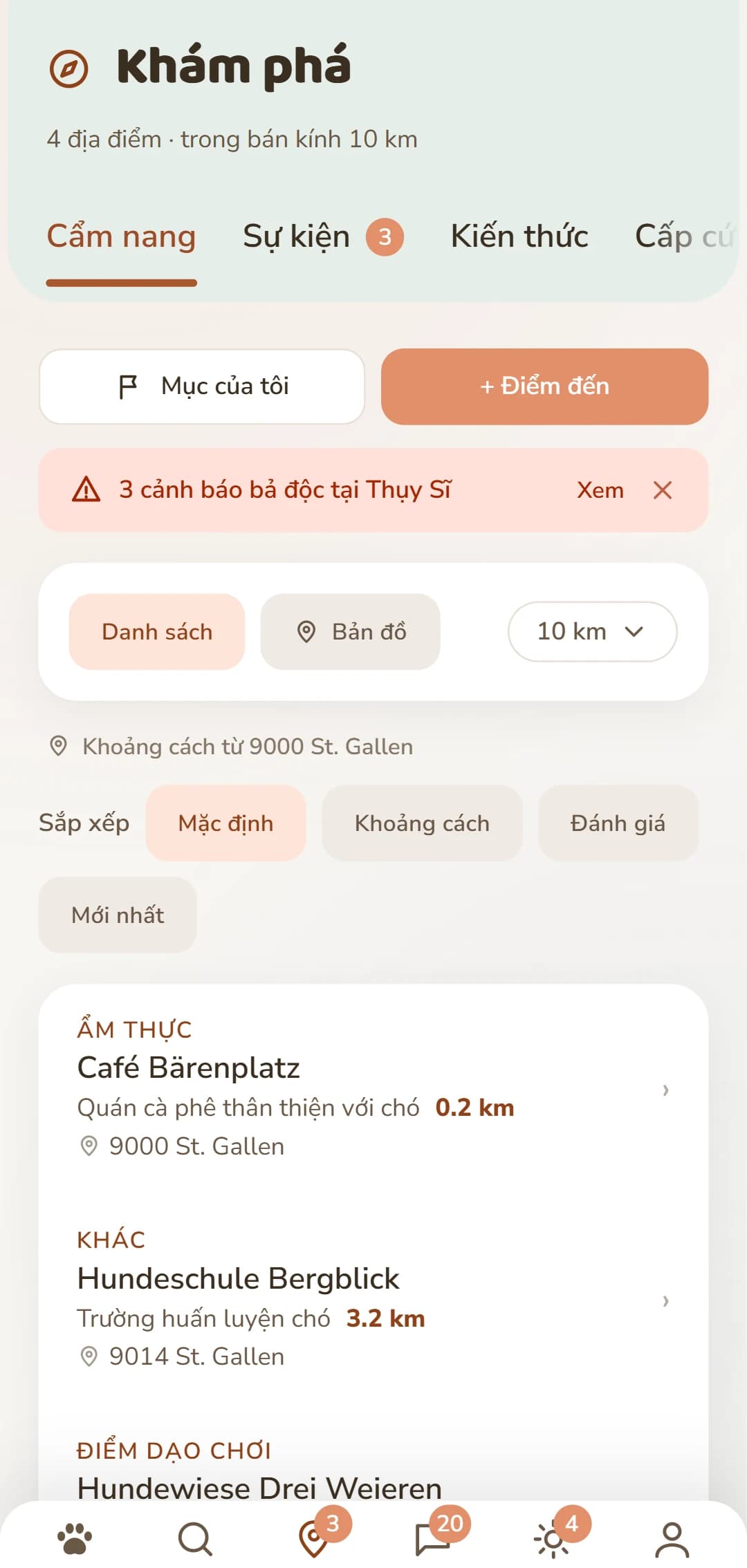 Danh sách kết quả trong tab Khám phá, kèm danh mục và khoảng cách