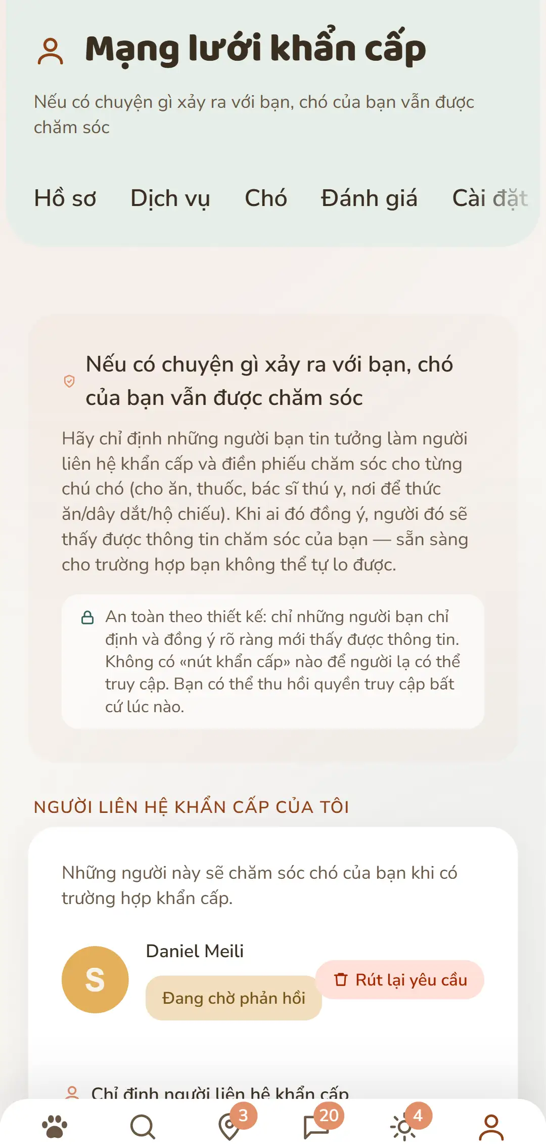 Liên hệ khẩn cấp và các yêu cầu đang chờ, nhìn thoáng qua là rõ