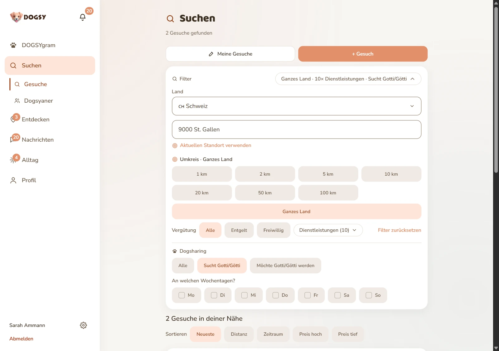 Bildschirmfoto aus DOGSY: die Gesuche-Suche im Browser mit aufgeklapptem Filter. Oben stehen «2 Gesuche gefunden» und die Knöpfe «Meine Gesuche» und «+ Gesuch»; im Filter Land «Schweiz», Umkreis «Ganzes Land», Vergütung «Alle / Entgelt / Freiwillig», «Dienstleistungen (10)» und der Dogsharing-Block mit den Richtungen «Sucht Gotti/Götti» (gewählt) und «Möchte Gotti/Götti werden» sowie den Wochentagen Mo bis So. Darunter «2 Gesuche in deiner Nähe» und die Sortierleiste.
