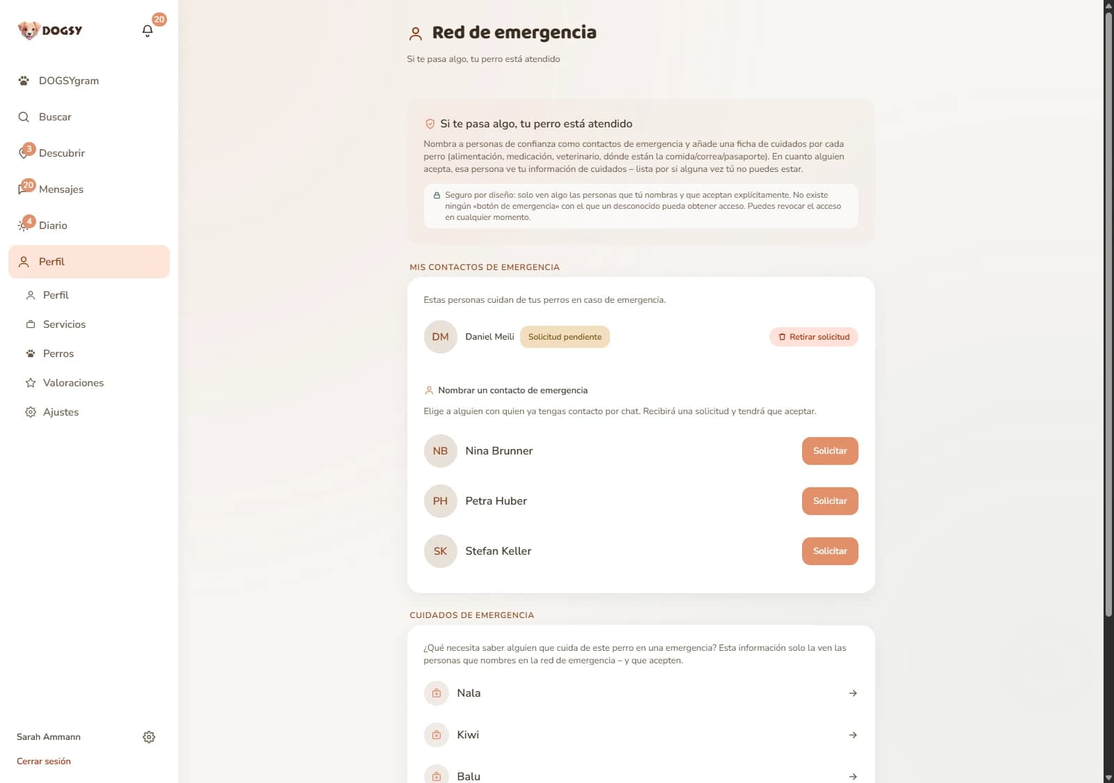 Captura de pantalla de DOGSY: la página «Notfallnetz» (red de emergencia) con la línea «Wenn dir etwas passiert, ist dein Hund versorgt» (si te pasa algo, tu perro está atendido) y la nota «Sicher: Nur Menschen, die du benennst und die ausdrücklich zusagen, sehen etwas.» (seguro: solo ven algo las personas que designas y que aceptan expresamente). En el bloque «Meine Notfallkontakte» (mis contactos de emergencia) aparece Daniel Meili con la marca «Anfrage offen» (solicitud pendiente) y el botón «Anfrage zurückziehen» (retirar la solicitud). Debajo, «Notfallkontakt benennen» (designar un contacto de emergencia) con Nina Brunner, Petra Huber y Stefan Keller, cada uno con el botón «Anfragen» (solicitar). Abajo del todo, «Notfall-Versorgung» (cuidado de emergencia) con los perros Nala, Kiwi y Balu. La captura está en alemán.