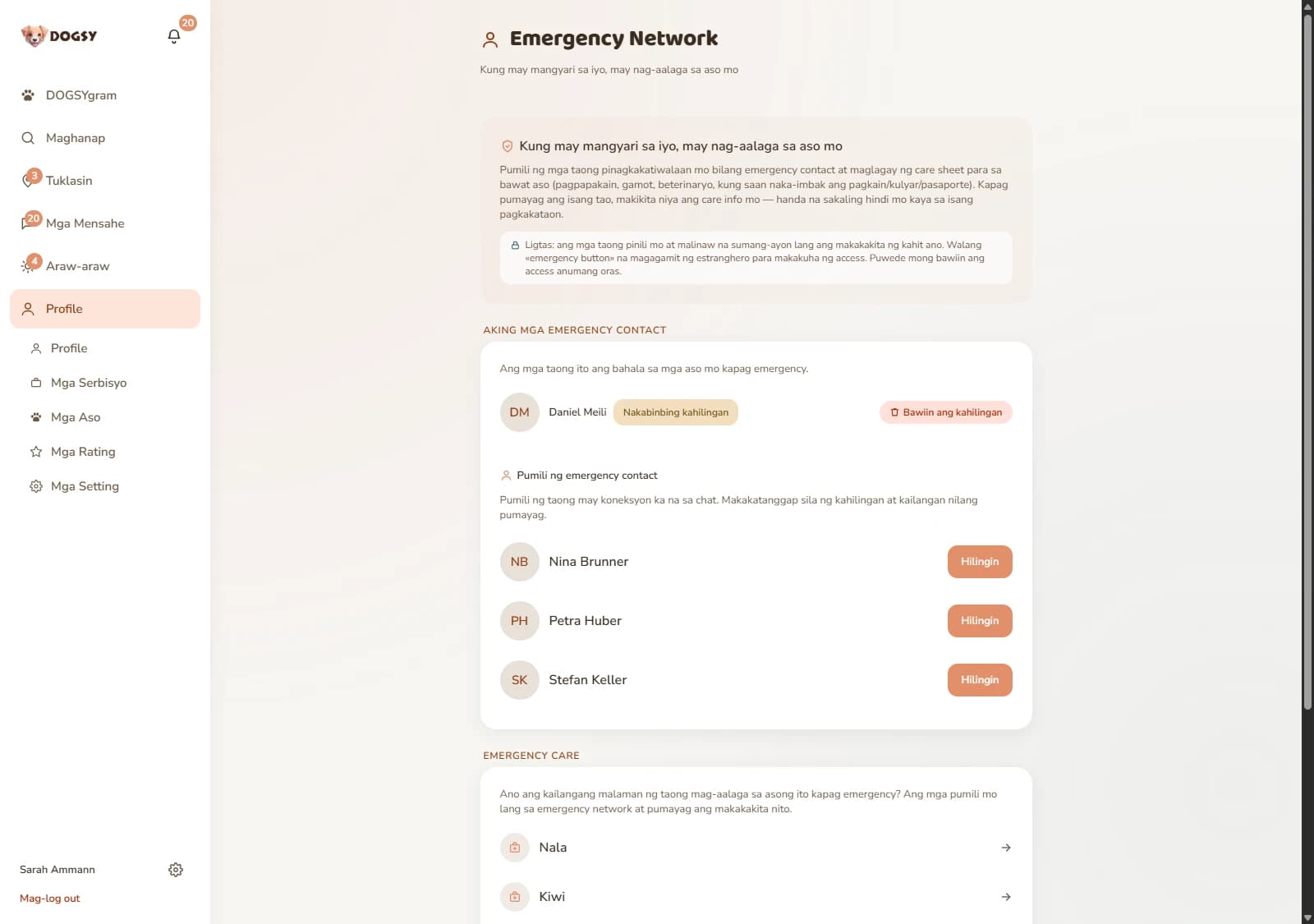 Screenshot mula sa DOGSY: ang pahinang «Notfallnetz» (emergency network) na may linyang «Wenn dir etwas passiert, ist dein Hund versorgt» (kung may mangyari sa iyo, may nag-aalaga sa aso mo) at ang paalalang «Sicher: Nur Menschen, die du benennst und die ausdrücklich zusagen, sehen etwas.» (ligtas: tanging ang mga taong pinangalanan mo at tahasang pumayag ang may nakikita). Sa ilalim ng «Meine Notfallkontakte» (mga emergency contact ko) nakalista si Daniel Meili na may tag na «Anfrage offen» (nakabinbing kahilingan) at ang butones na «Anfrage zurückziehen» (bawiin ang kahilingan). Sa ilalim nito ang «Notfallkontakt benennen» (magtalaga ng emergency contact) kasama sina Nina Brunner, Petra Huber at Stefan Keller, bawat isa ay may butones na «Anfragen» (humiling). Sa pinakailalim ang «Notfall-Versorgung» (pag-aalaga sa emergency) kasama ang mga asong sina Nala, Kiwi at Balu. Nasa wikang Aleman ang screenshot.