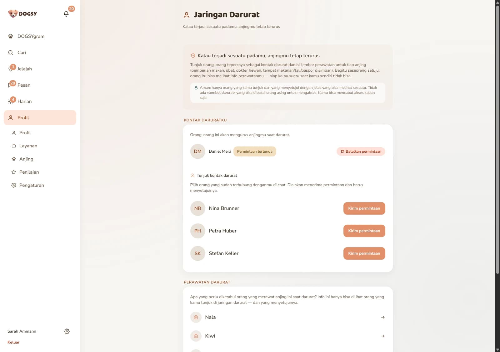 Tangkapan layar dari DOGSY: halaman «Notfallnetz» (jaringan darurat) dengan baris «Wenn dir etwas passiert, ist dein Hund versorgt» (kalau terjadi sesuatu padamu, anjingmu tetap terurus) dan keterangan «Sicher: Nur Menschen, die du benennst und die ausdrücklich zusagen, sehen etwas.» (aman: hanya orang yang kamu tunjuk dan yang menyatakan bersedia yang melihat sesuatu). Di blok «Meine Notfallkontakte» (kontak daruratku) tercantum Daniel Meili dengan catatan «Anfrage offen» (permintaan masih terbuka) dan tombol «Anfrage zurückziehen» (tarik kembali permintaan). Di bawahnya «Notfallkontakt benennen» (tunjuk kontak darurat) dengan Nina Brunner, Petra Huber dan Stefan Keller, masing-masing dengan tombol «Anfragen» (minta). Paling bawah «Notfall-Versorgung» (perawatan darurat) dengan anjing Nala, Kiwi dan Balu. Tangkapan layar ini berbahasa Jerman.
