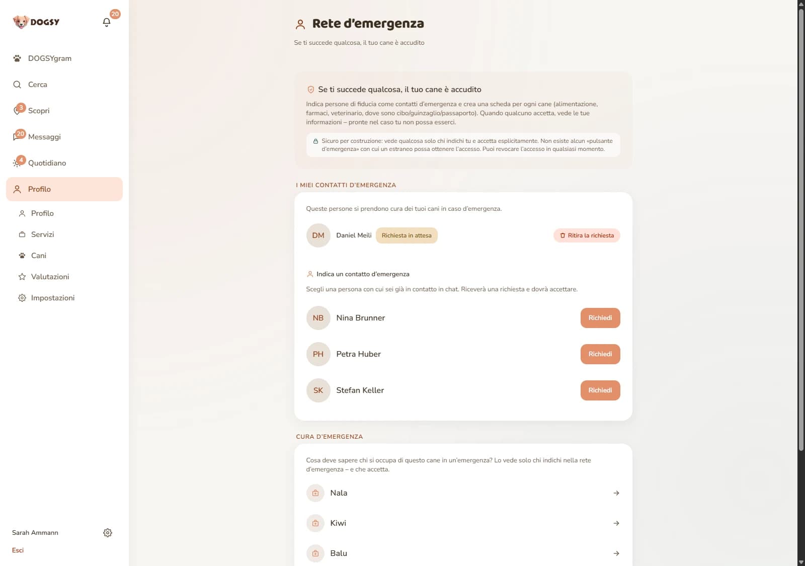 Schermata di DOGSY: la pagina «Notfallnetz» (rete d'emergenza) con la riga «Wenn dir etwas passiert, ist dein Hund versorgt» (se ti succede qualcosa, il tuo cane è accudito) e la nota «Sicher: Nur Menschen, die du benennst und die ausdrücklich zusagen, sehen etwas.» (al sicuro: vedono qualcosa solo le persone che indichi e che accettano esplicitamente). Sotto «Meine Notfallkontakte» (i miei contatti d'emergenza) compare Daniel Meili con la dicitura «Anfrage offen» (richiesta in attesa) e il pulsante «Anfrage zurückziehen» (ritira la richiesta). Più sotto «Notfallkontakt benennen» (indica un contatto d'emergenza) con Nina Brunner, Petra Huber e Stefan Keller, ciascuno con il pulsante «Anfragen» (richiedi). In fondo «Notfall-Versorgung» (cura d'emergenza) con i cani Nala, Kiwi e Balu. La schermata è in tedesco.