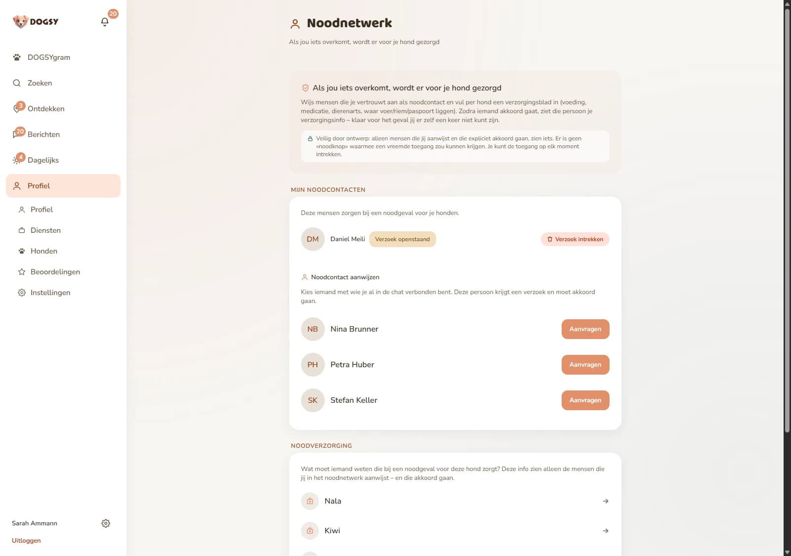Schermafbeelding uit DOGSY: de pagina «Notfallnetz» (noodnetwerk) met de regel «Wenn dir etwas passiert, ist dein Hund versorgt» (als jou iets overkomt, is je hond verzorgd) en de opmerking «Sicher: Nur Menschen, die du benennst und die ausdrücklich zusagen, sehen etwas.» (veilig: alleen mensen die jij aanwijst en die uitdrukkelijk toezeggen, zien iets). In het blok «Meine Notfallkontakte» (mijn noodcontacten) staat Daniel Meili met de aantekening «Anfrage offen» (aanvraag open) en de knop «Anfrage zurückziehen» (aanvraag intrekken). Daaronder «Notfallkontakt benennen» (noodcontact aanwijzen) met Nina Brunner, Petra Huber en Stefan Keller, elk met de knop «Anfragen» (aanvragen). Helemaal onderaan «Notfall-Versorgung» (verzorging bij nood) met de honden Nala, Kiwi en Balu. De schermafbeelding is in het Duits.